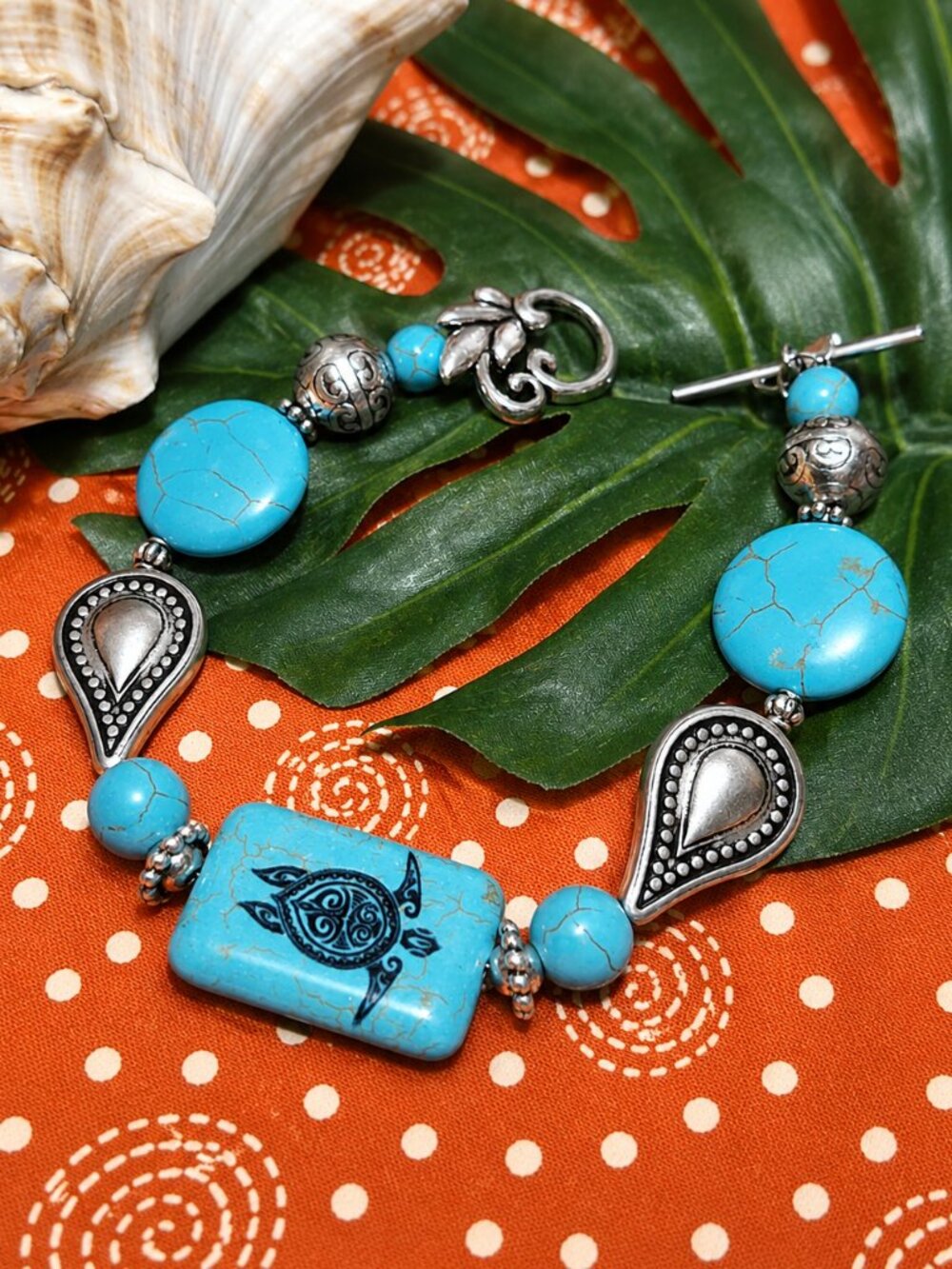 Artisan Hand Crafted Bracelet Turtle Tribal Art Silver Turquoise Beaded OSFM